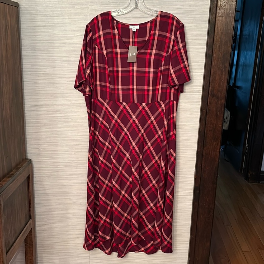 JJill fit and flare dress in burgandy, red and cream.